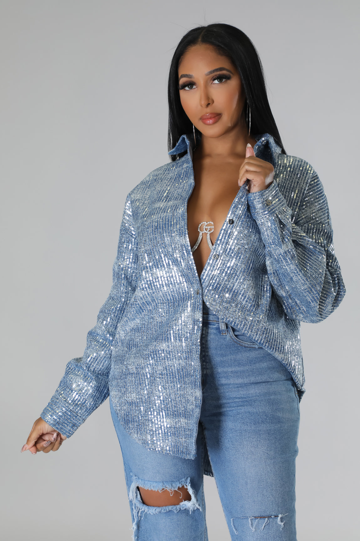 BLING BABE OVERSIZED TOP - DENIM