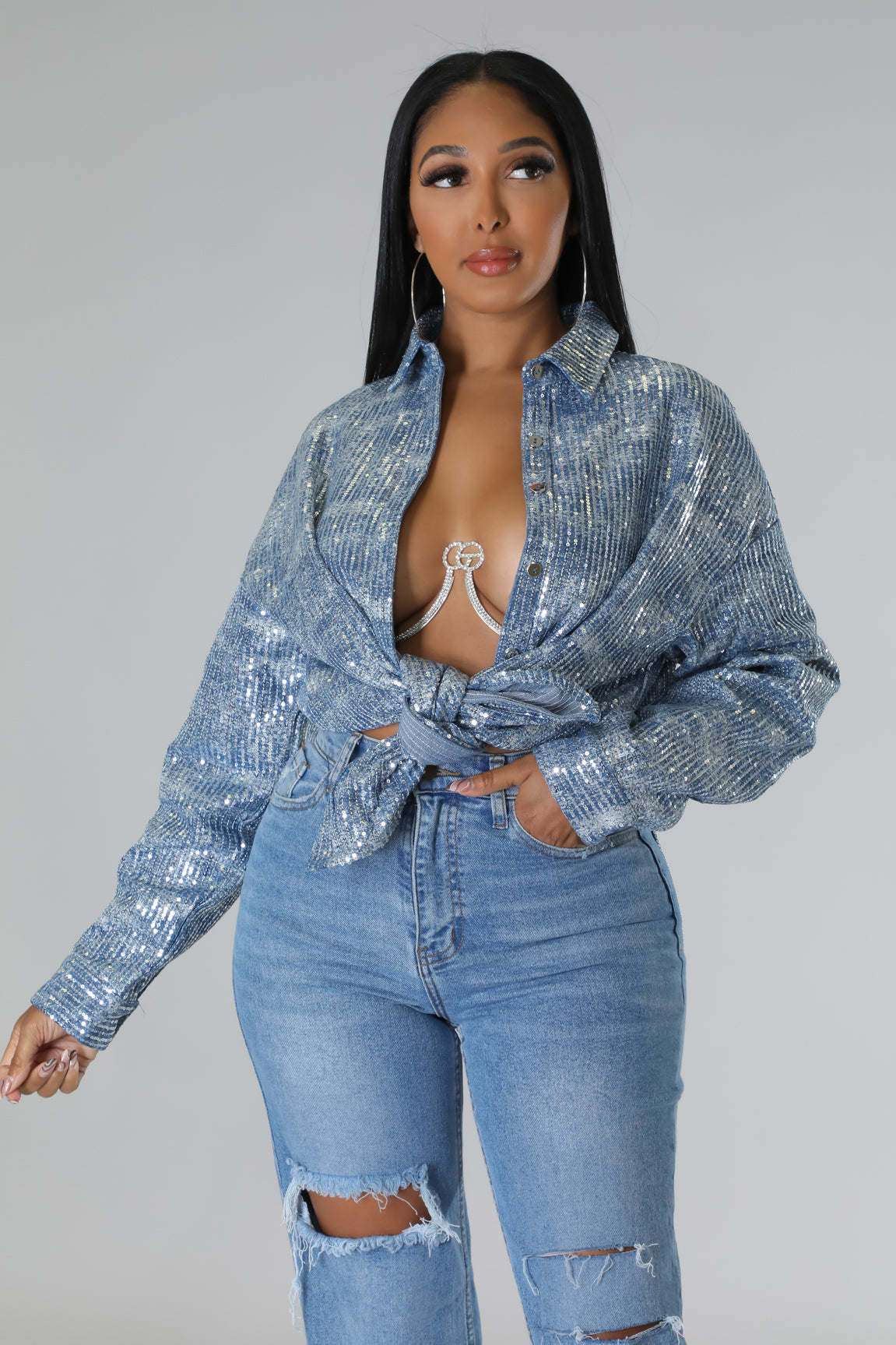 BLING BABE OVERSIZED TOP - DENIM