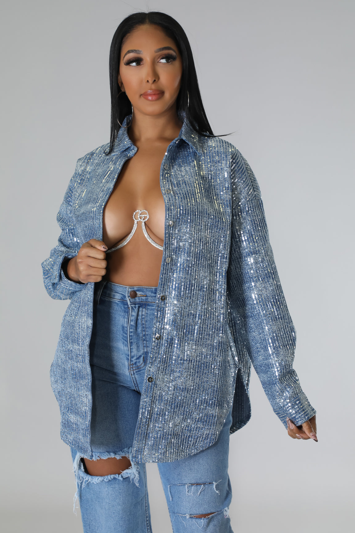 BLING BABE OVERSIZED TOP - DENIM